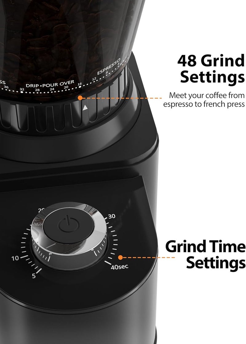 Aromaster's Coffee Bean Grinder with 48 Gind Settings, Conical Burr Coffee Grinder for Home Use,Stainless Steel,40 Seconds Adjustable Timer,Anti-static,Easy to Clean with Brush,Black - Image 3